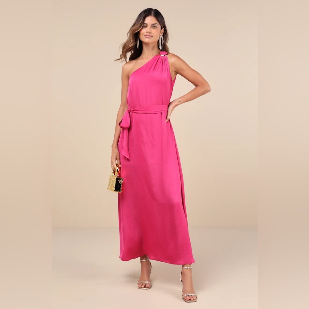 Lulus Fuchsia Satin One-Shoulder Maxi Dress